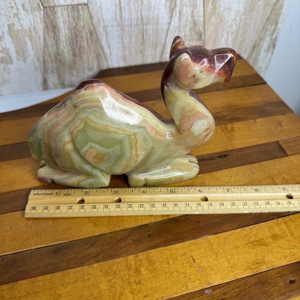 Vintage Hand Carved Onyx Marble Camel Figurine Paperweight Brown Green Stone